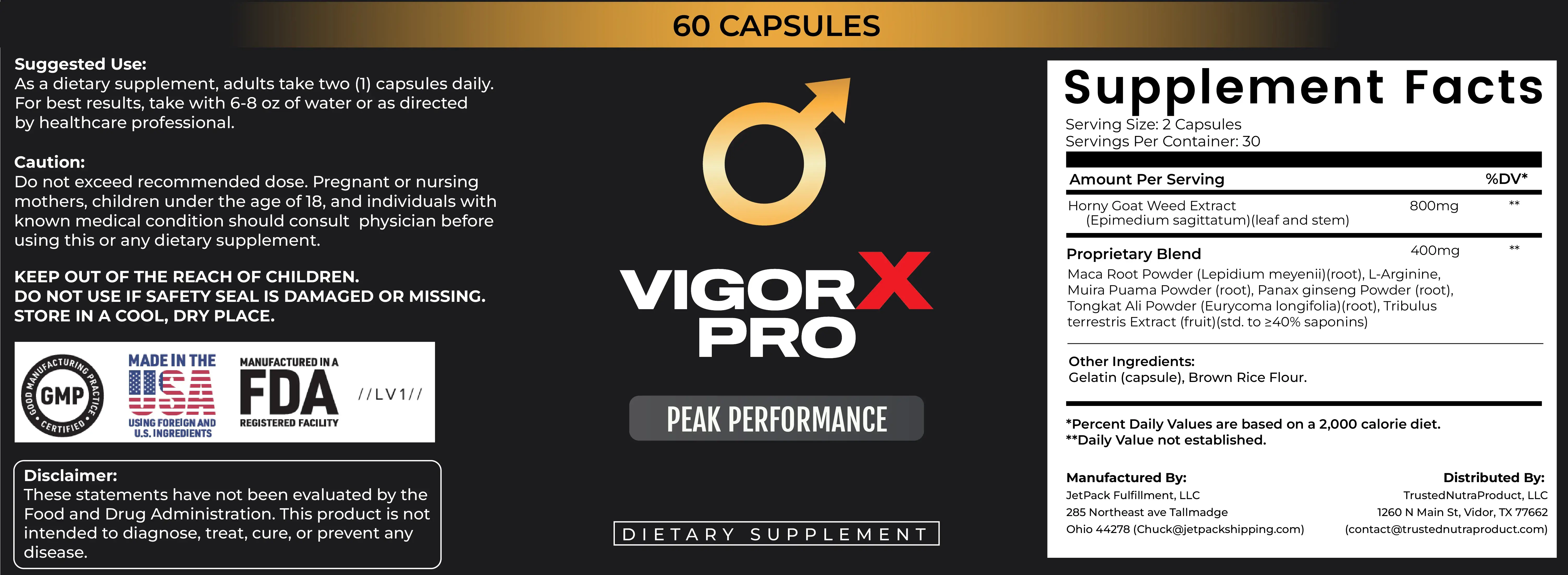 VigorX Pro Supplement Facts panel